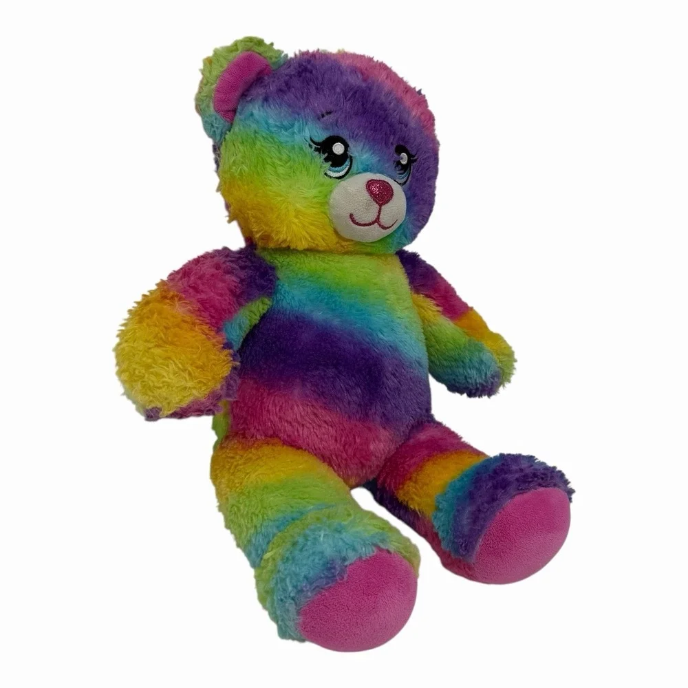 Build-A-Bear Workshop Rainbow Striped Teddy Bear Plush Blue Eyes Pink Nose